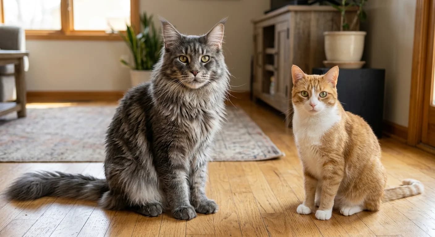A large adult male Maine Coon with a grey tabby coat sitting beside a typical domestic shorthair cat of average size, both facing the camera on a hardwood floor