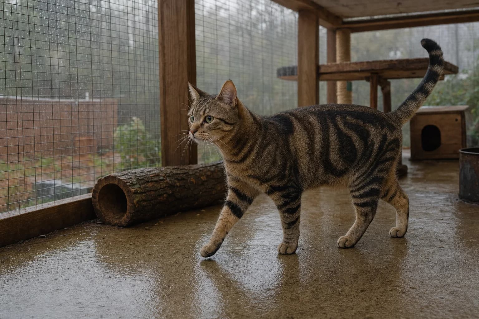 A young brown classic-tabby cat walking through a covered catio during light rain.