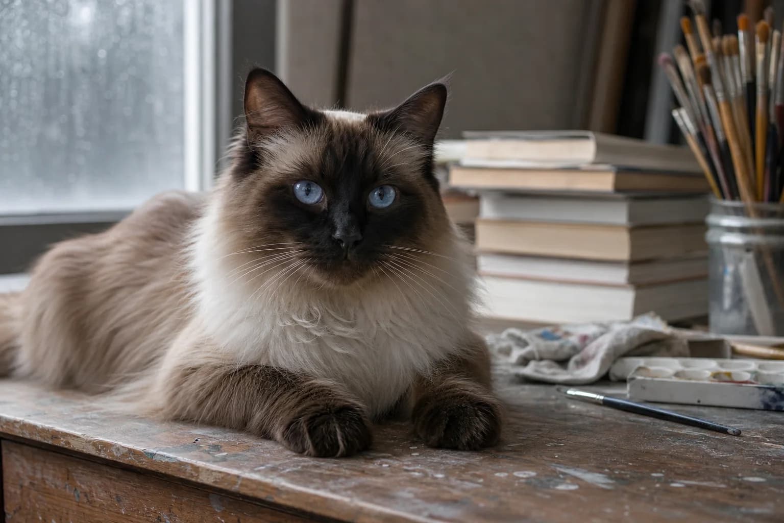 A longhaired seal-point cat resting beside stacked books and used art supplies.