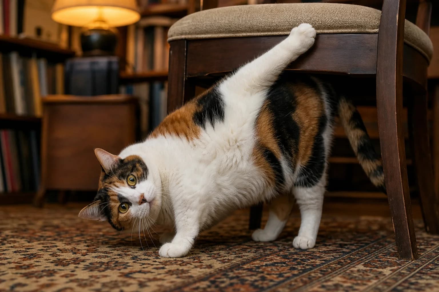 A large calico cat awkwardly backing out from beneath a chair in a book-lined study.