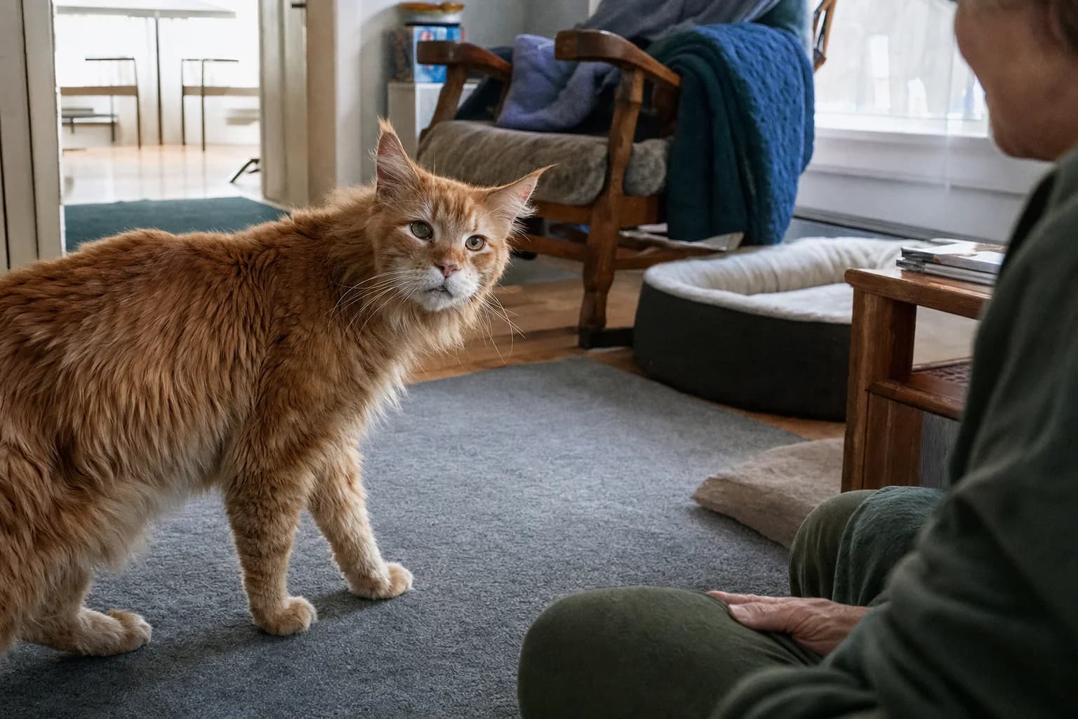 A senior ginger Maine Coon-type cat turns toward a seated caregiver during a spoken-name test.