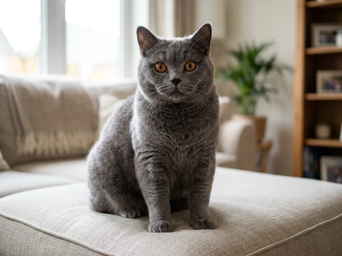A round, cobby blue-grey Manx cat photographed from the front, showing the breed's broad chest, round head, and round copper eyes
