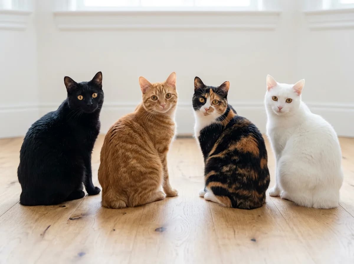 Four tailless Manx cats in different colors, black, orange tabby, calico, and white, sitting together on a wood floor