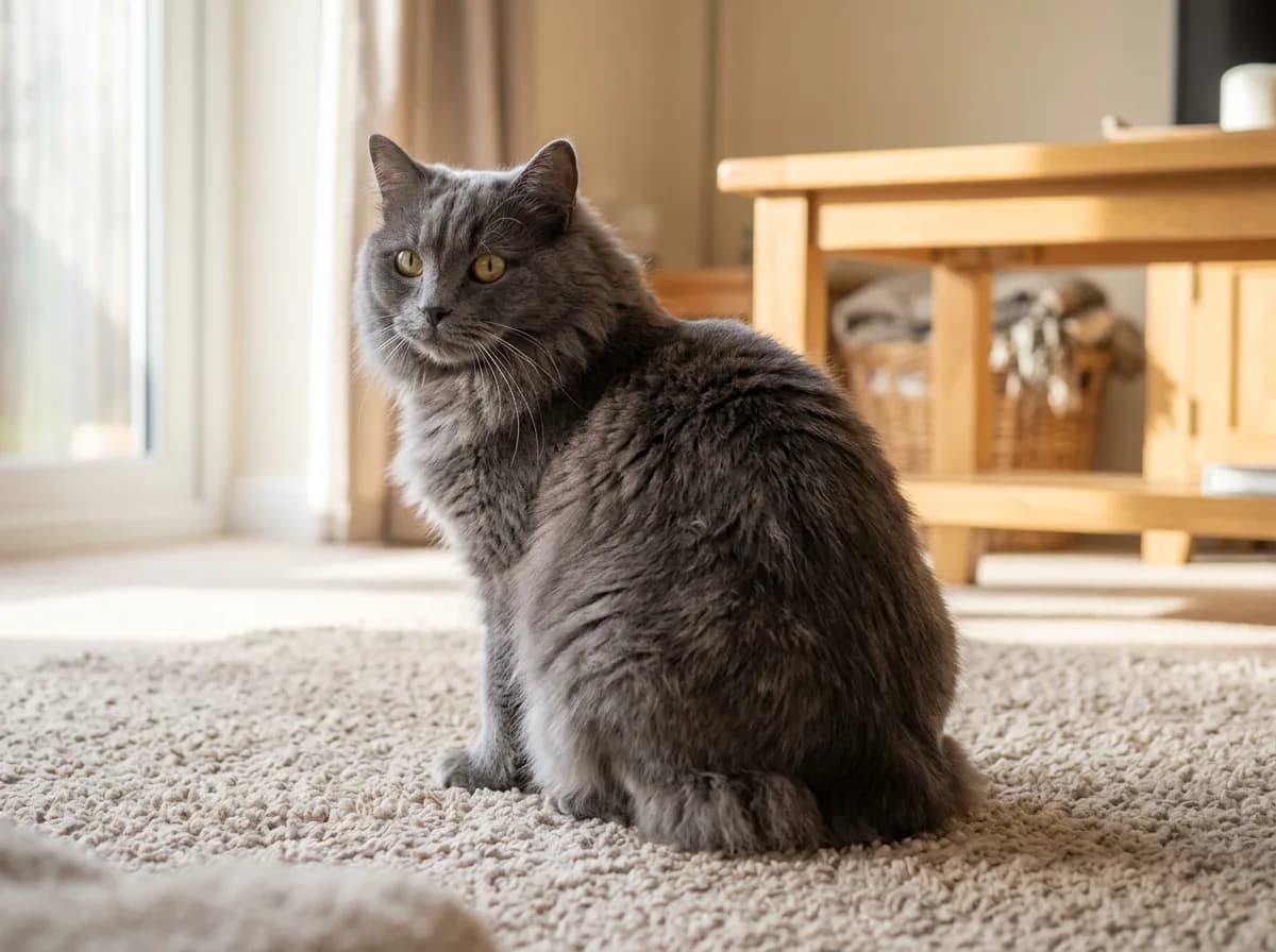 A blue-grey longhaired Cymric cat, the longhaired version of the Manx, sitting tailless on a carpet with a plush semi-long coat