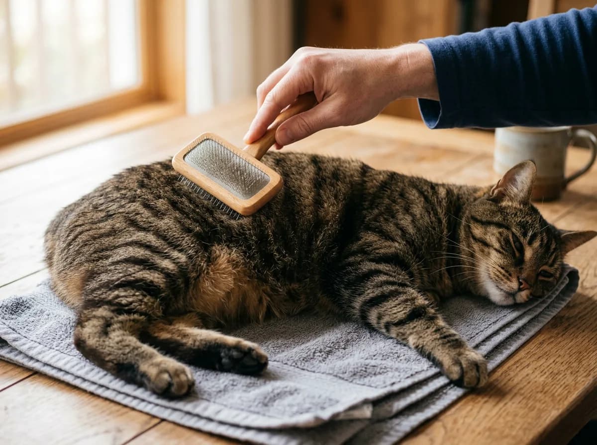 A hand brushing a tailless brown tabby Manx cat's dense double coat with a slicker brush while the cat lies relaxed on a towel