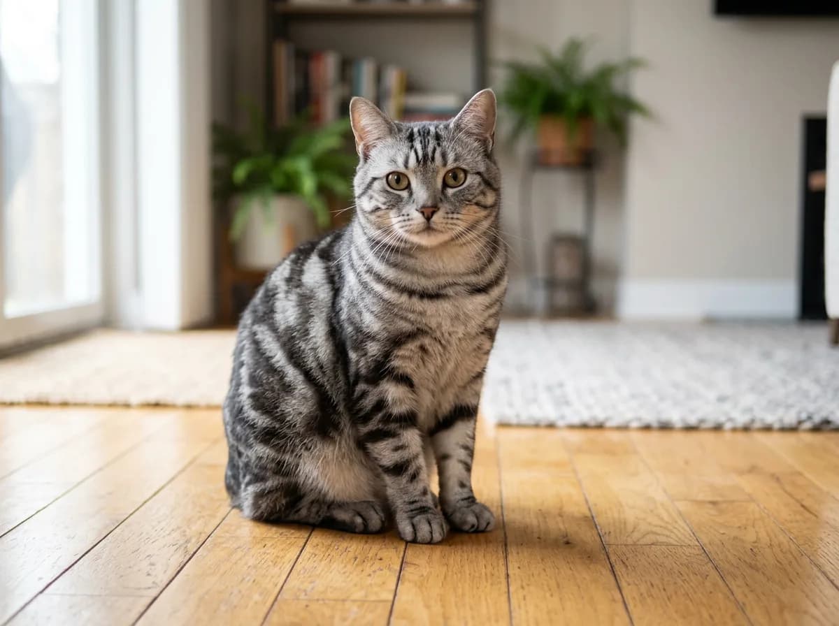 A tailless silver tabby Manx cat with a rounded cobby body sitting upright on a wood floor, looking at the camera