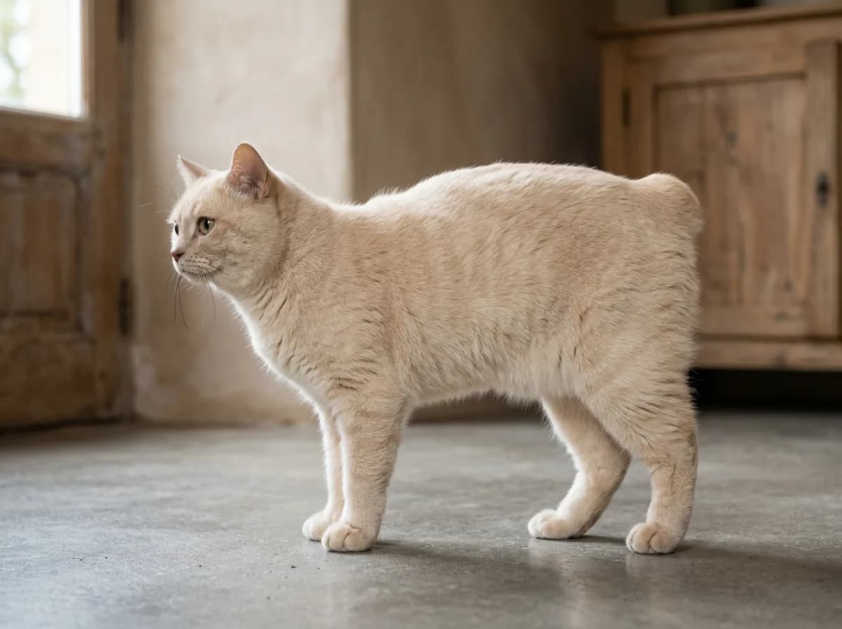 Side profile of a tailless cream Manx cat standing on a floor, hind legs longer than the front and the rump higher than the shoulders