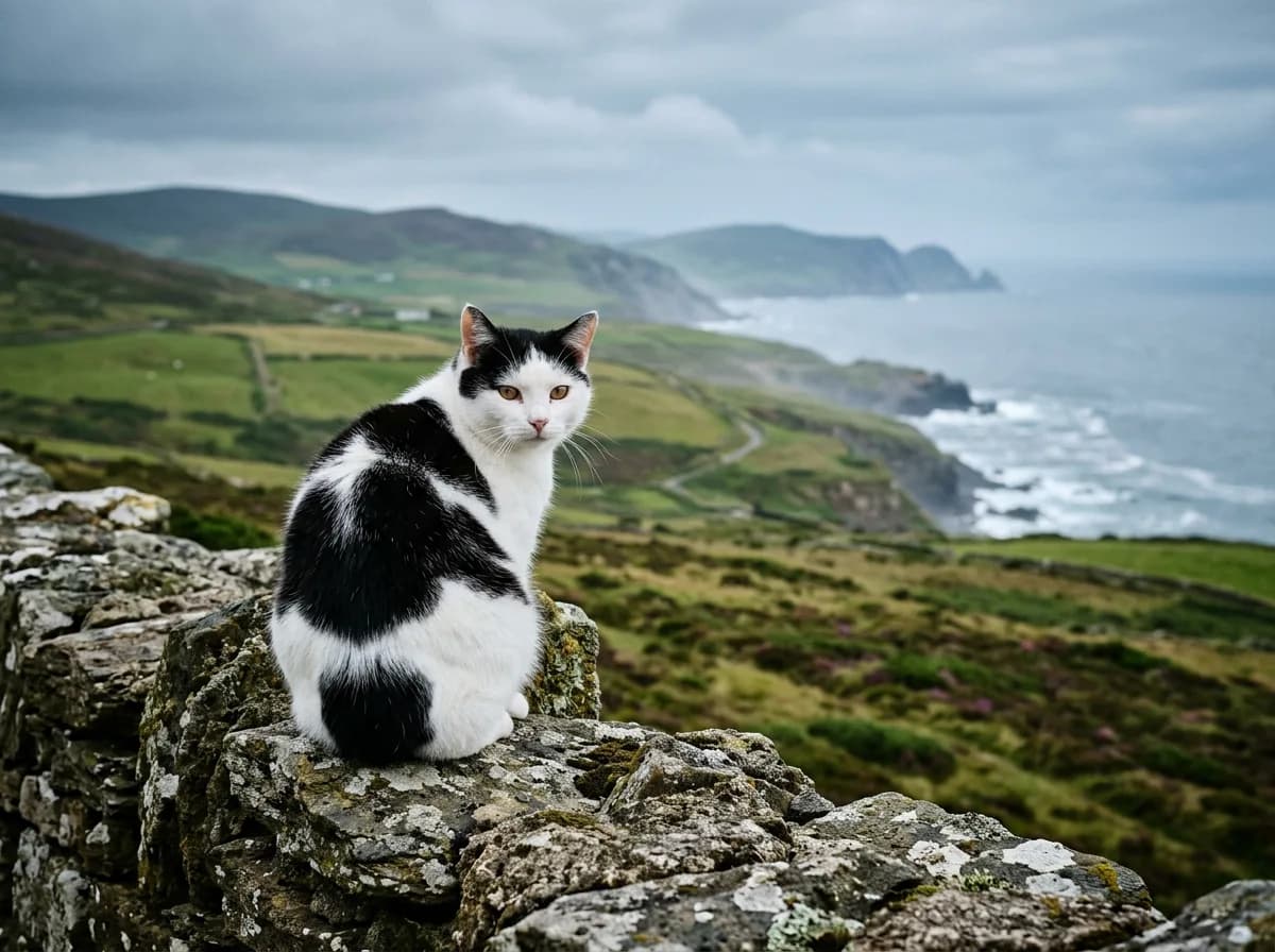 A tailless black and white Manx cat sitting on a stone wall above green coastal hills, evoking the breed's Isle of Man homeland