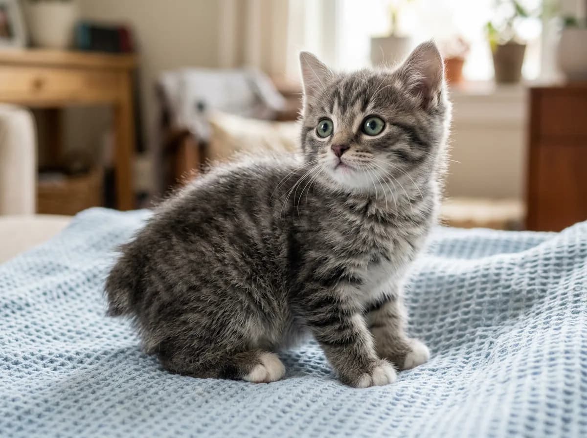 A young grey tabby Manx kitten sitting on a blue blanket, its fluffy tailless rump and rounded body already showing breed traits
