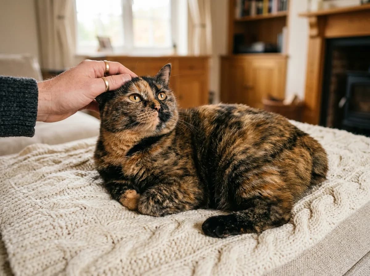 A tortoiseshell Manx cat relaxing on a blanket as a hand gently strokes its head, showing the breed's affectionate dog-like devotion