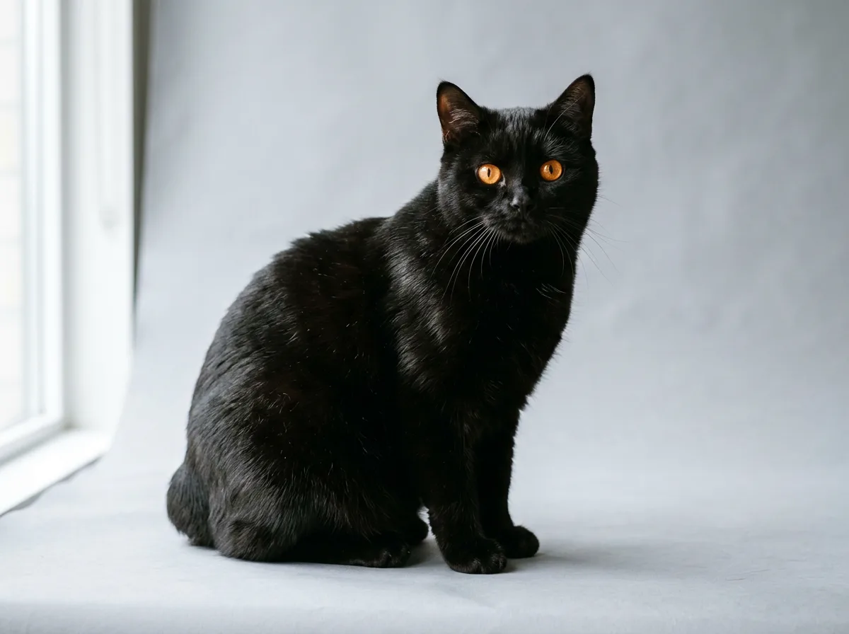 A solid black Manx cat with glowing copper eyes sitting upright on a grey background, showing its rounded head and tailless body