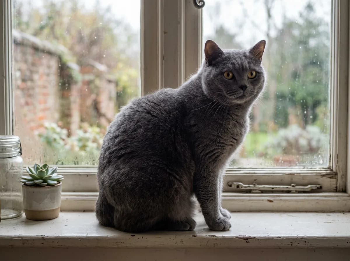 A solid blue-grey Manx cat with a plush double coat and gold eyes sitting on a windowsill, showing the rounded rump of the breed