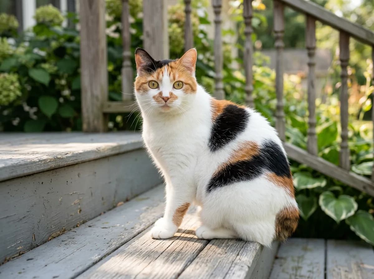 A calico Manx cat with patches of white, black, and orange sitting on a sunlit porch step, showing its rounded tailless body