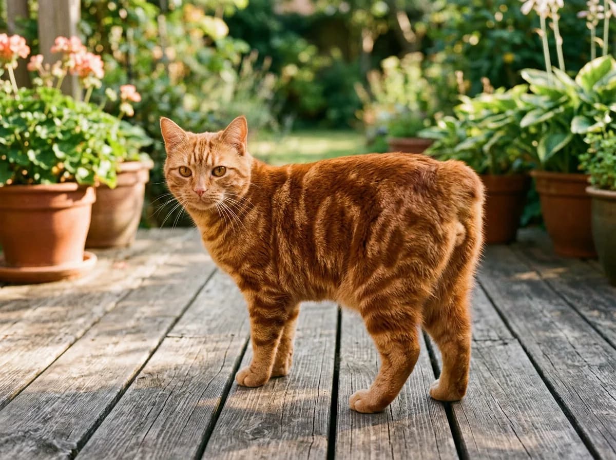 An orange-red tabby Manx cat standing on a wooden deck in golden light, its tailless back end and longer hind legs visible