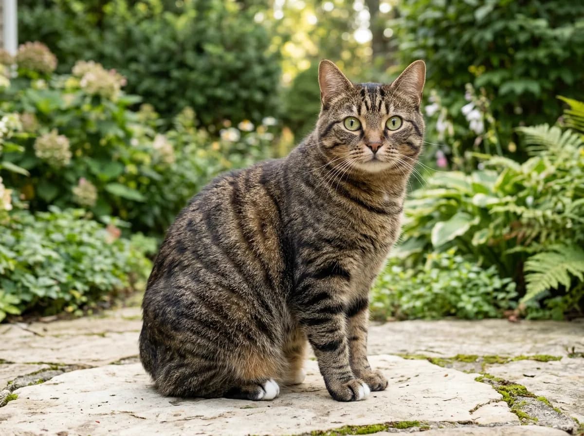 A brown mackerel tabby Manx cat with bold dark stripes sitting alert on a stone patio, its tailless rump tucked behind it