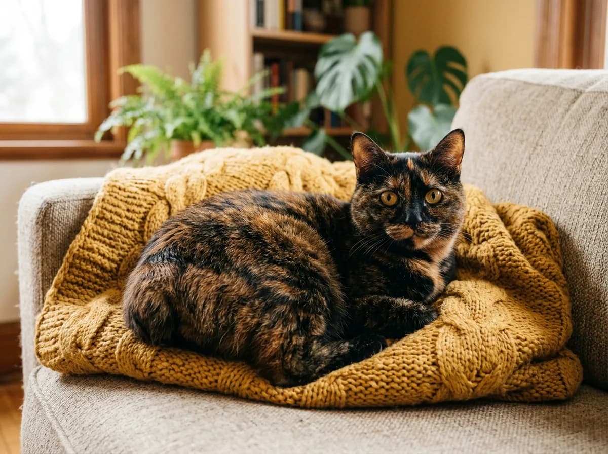 A tortoiseshell Manx cat with a mottled black and orange coat curled up on a mustard knitted blanket, tailless rump tucked in