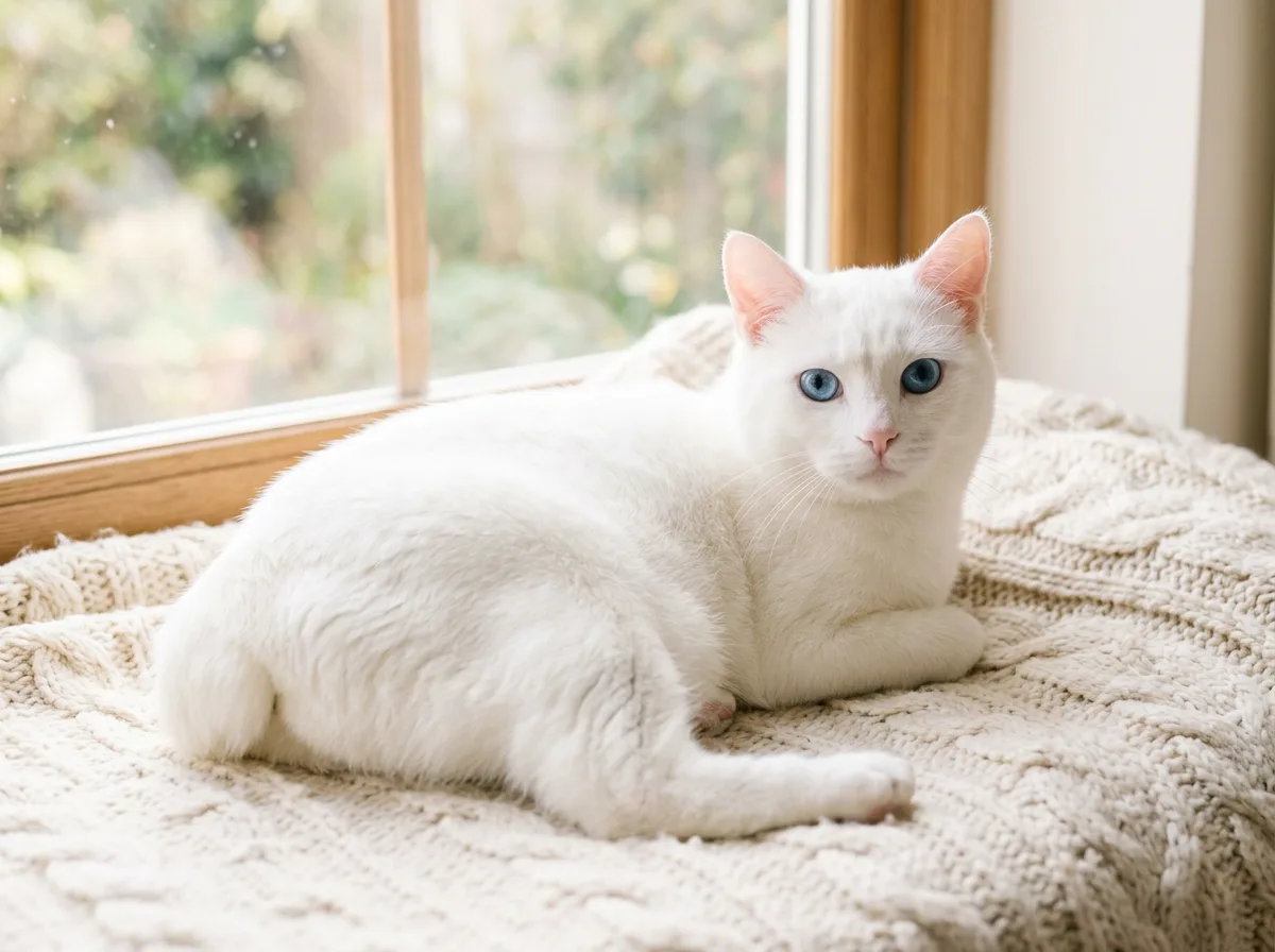A pure white Manx cat with bright blue eyes lying on a soft cream blanket, its rounded tailless body clearly visible