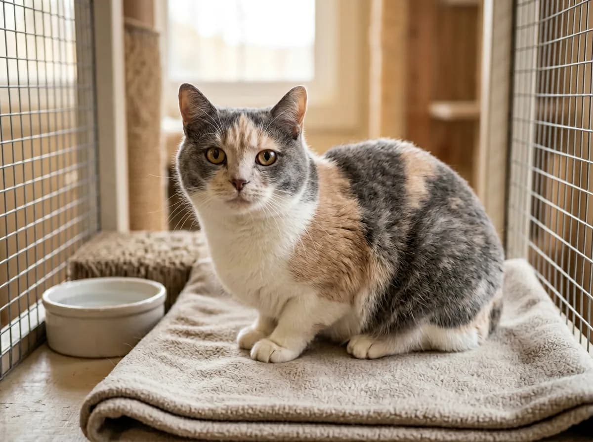 An adult tailless dilute calico Manx cat sitting on a blanket in a shelter adoption pen, looking calmly toward the camera