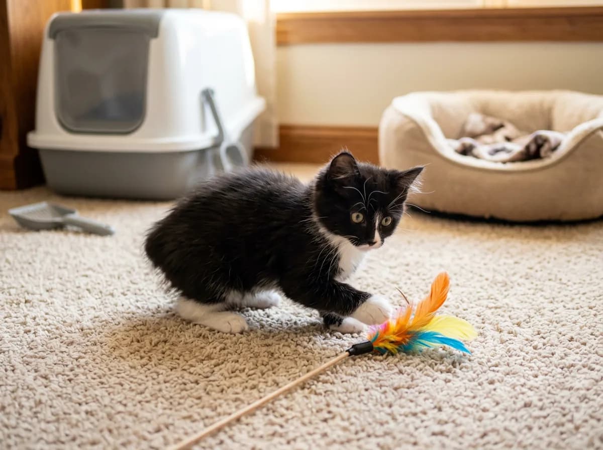 A tailless black and white Manx kitten playing with a feather toy near a litter box and cat bed, first-year kitten supplies