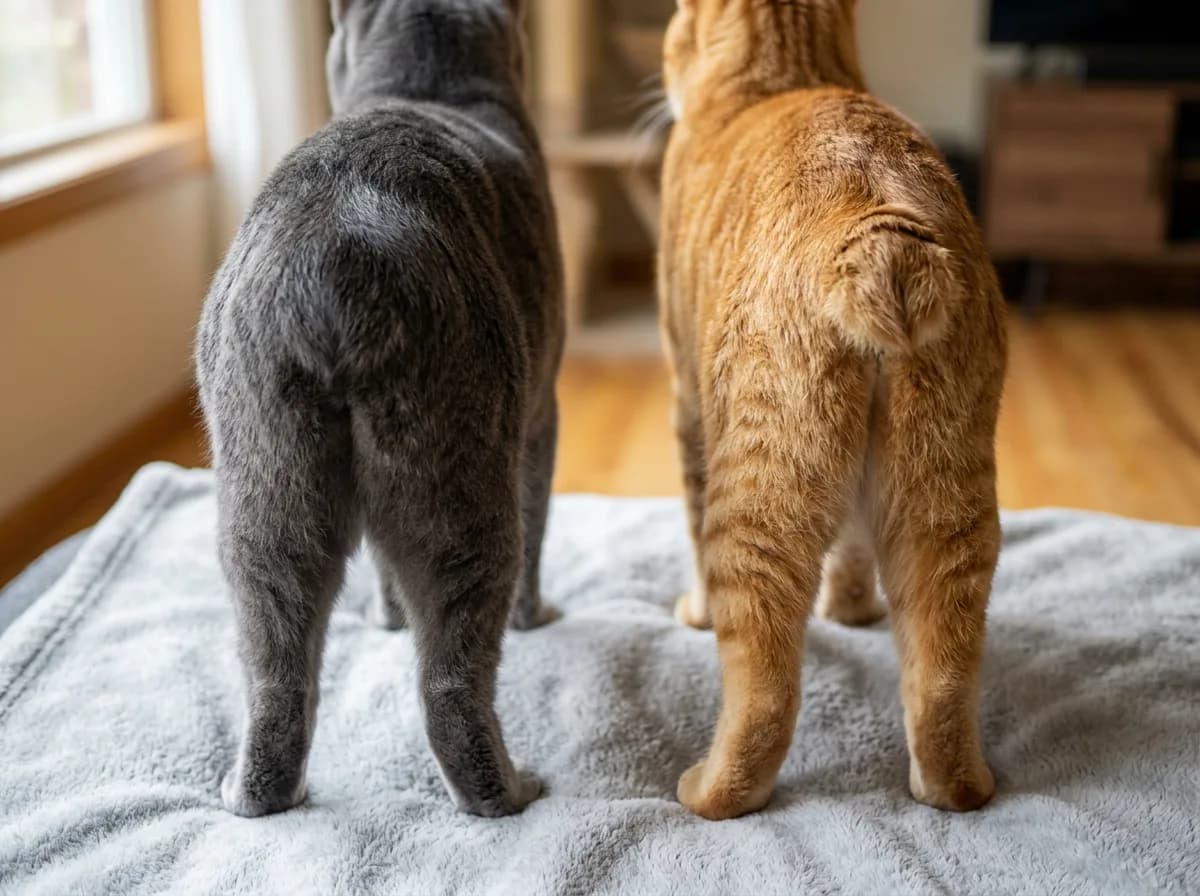 Rear view of two Manx cats side by side, a grey rumpy with a completely tailless rump and an orange tabby with a short stump