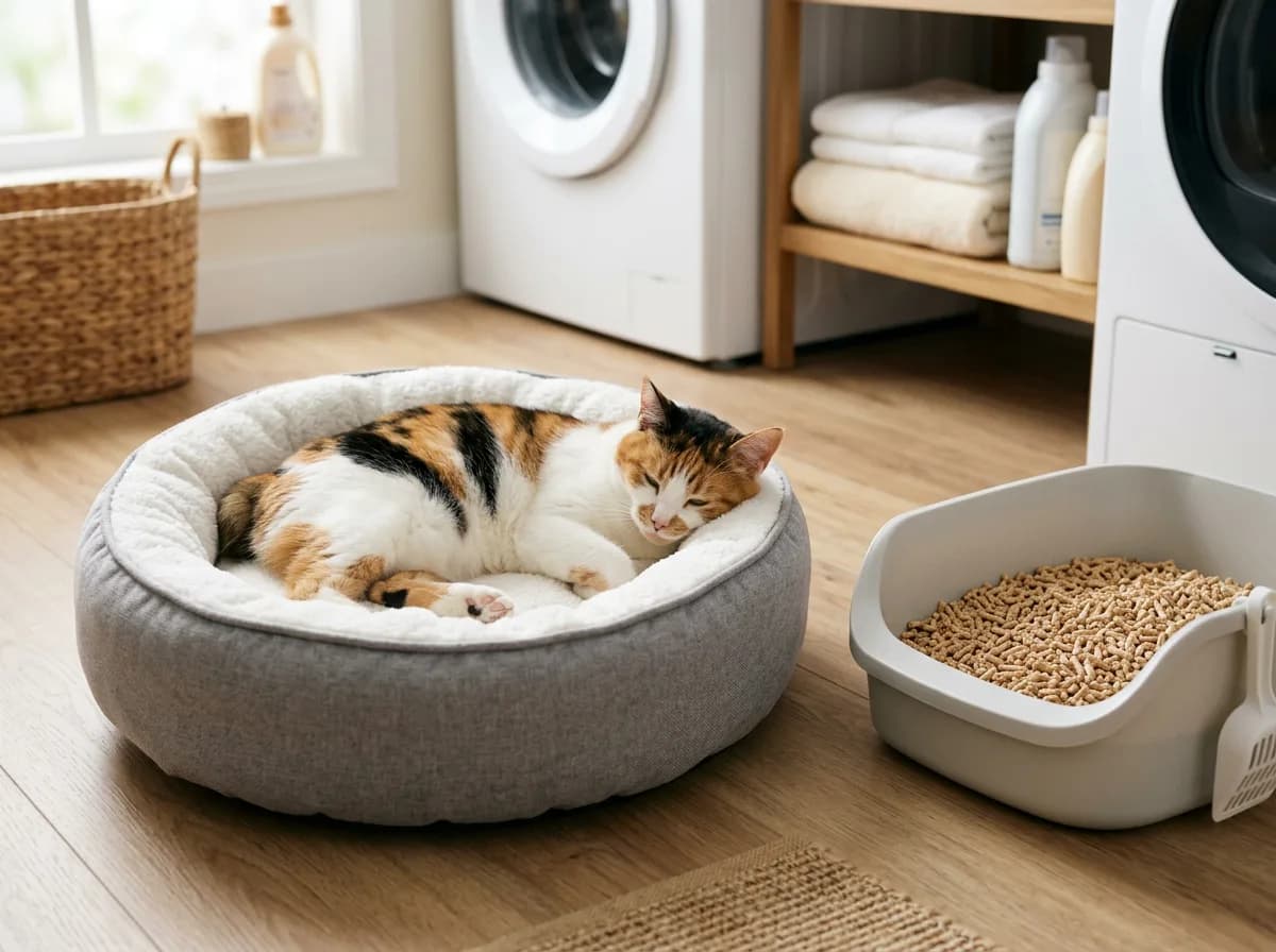 A tailless calico Manx cat resting in a soft pet bed beside a low-sided litter box, comfortable supportive home care