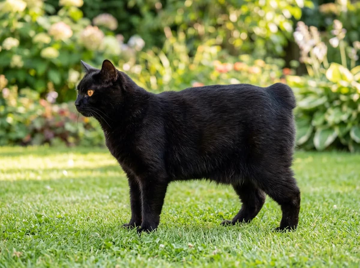 A healthy tailless black Manx cat standing alert on garden grass, showing the breed's arched topline and longer hind legs