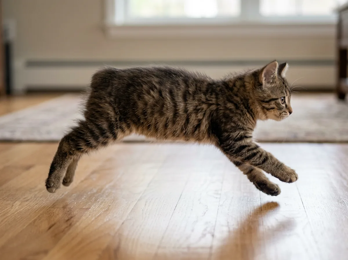 A tailless tabby Manx kitten mid-stride on a wood floor, hind legs driving together in the breed's bunny-hopping gait