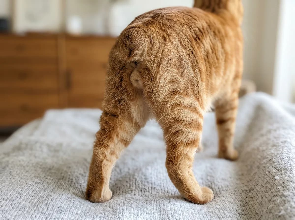 Close-up of the lower back and rump of a tailless orange tabby Manx cat, showing the smooth rounded hindquarters with no tail