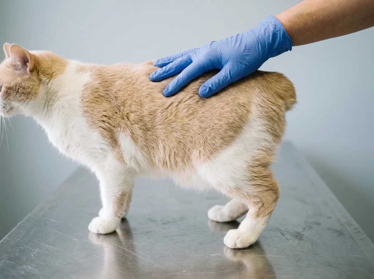 A gloved hand gently examining the lower spine of a calm tailless cream and white Manx cat on a veterinary exam table