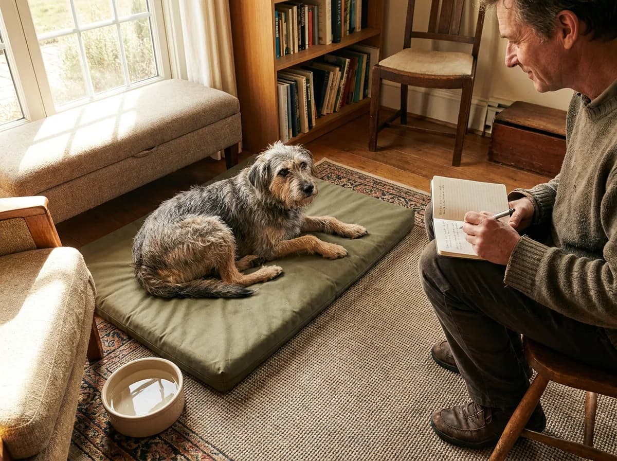 Owner writing observations beside a dog resting on a low pad over a rug.