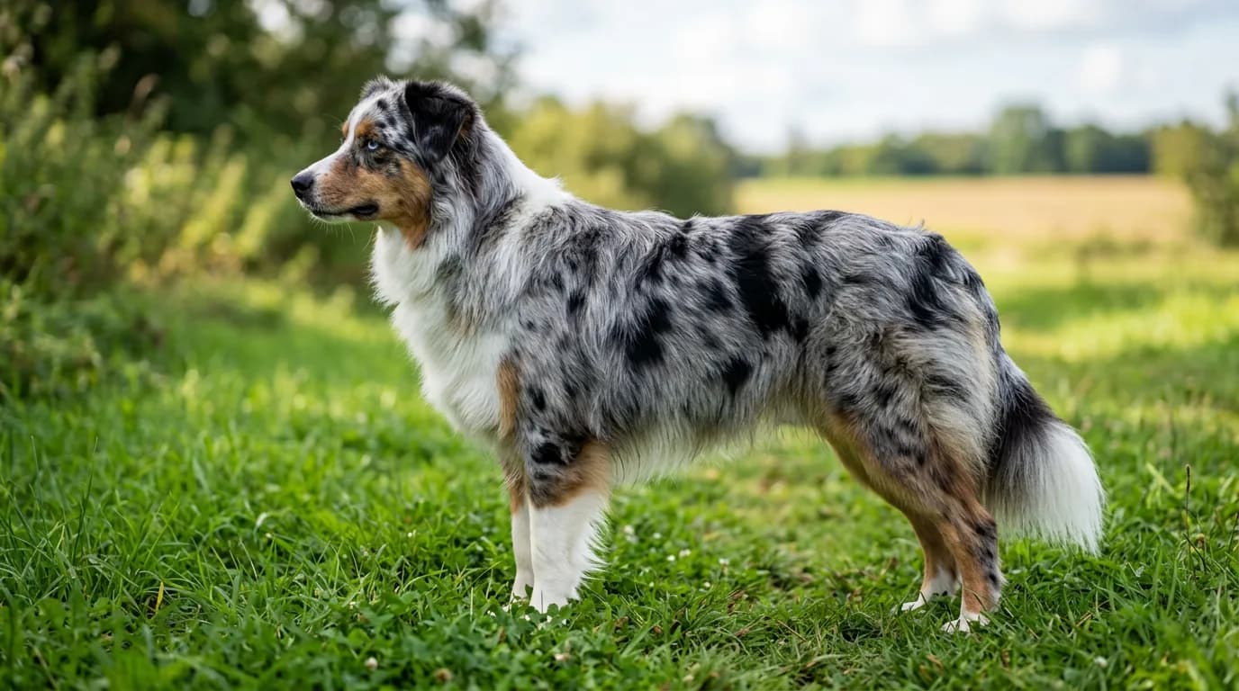 A blue merle Australian Shepherd photographed in profile outdoors on green grass, showing the mottled gray-and-black marbled coat, one blue eye and one bro