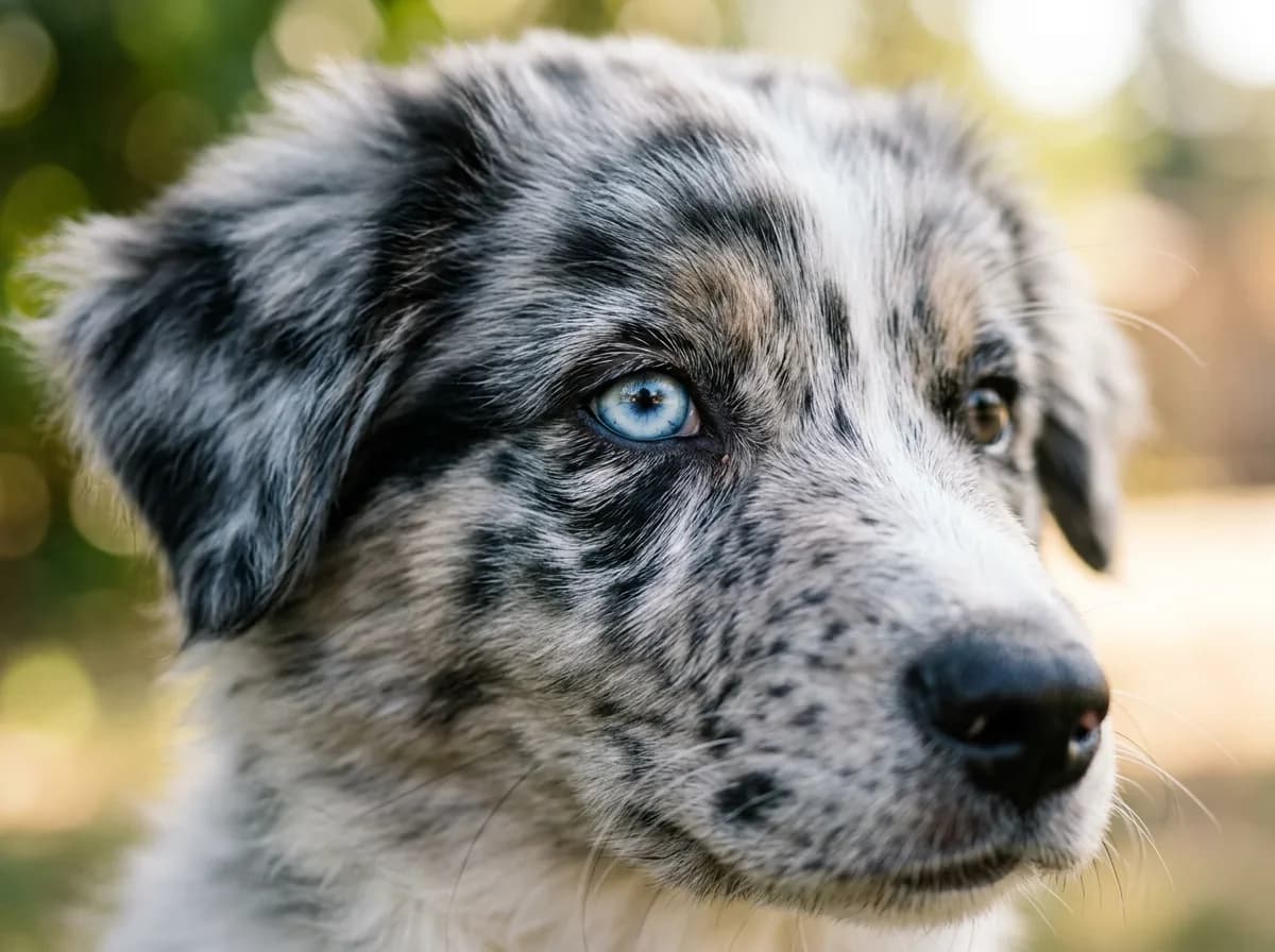 dogs with merle coat patterns (mottled patches, often blue eyes) illustrating The genetics of the M locus