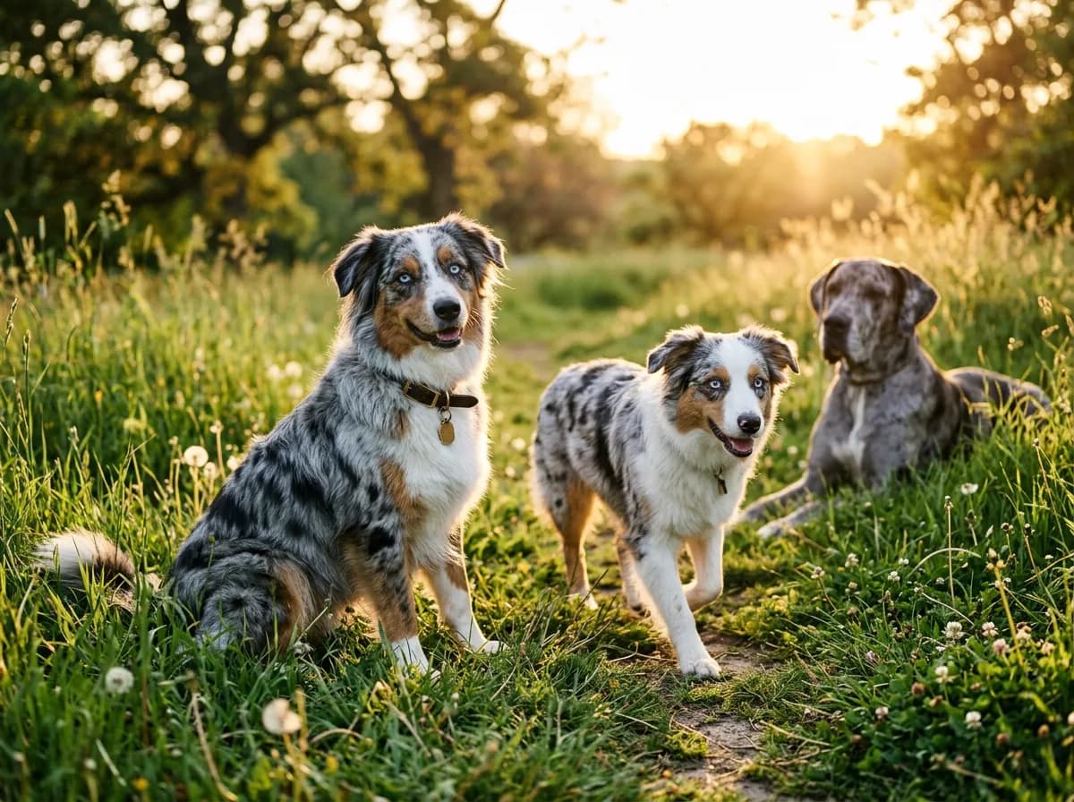dogs with merle coat patterns (mottled patches, often blue eyes) illustrating Which breeds carry the merle gene
