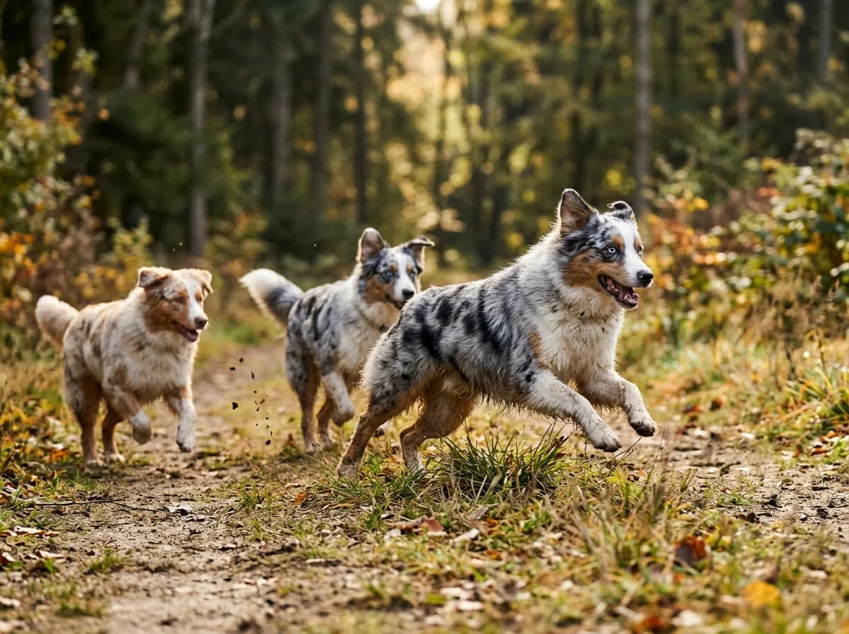 dogs with merle coat patterns (mottled patches, often blue eyes) illustrating Ethics: buying and breeding merle responsibly