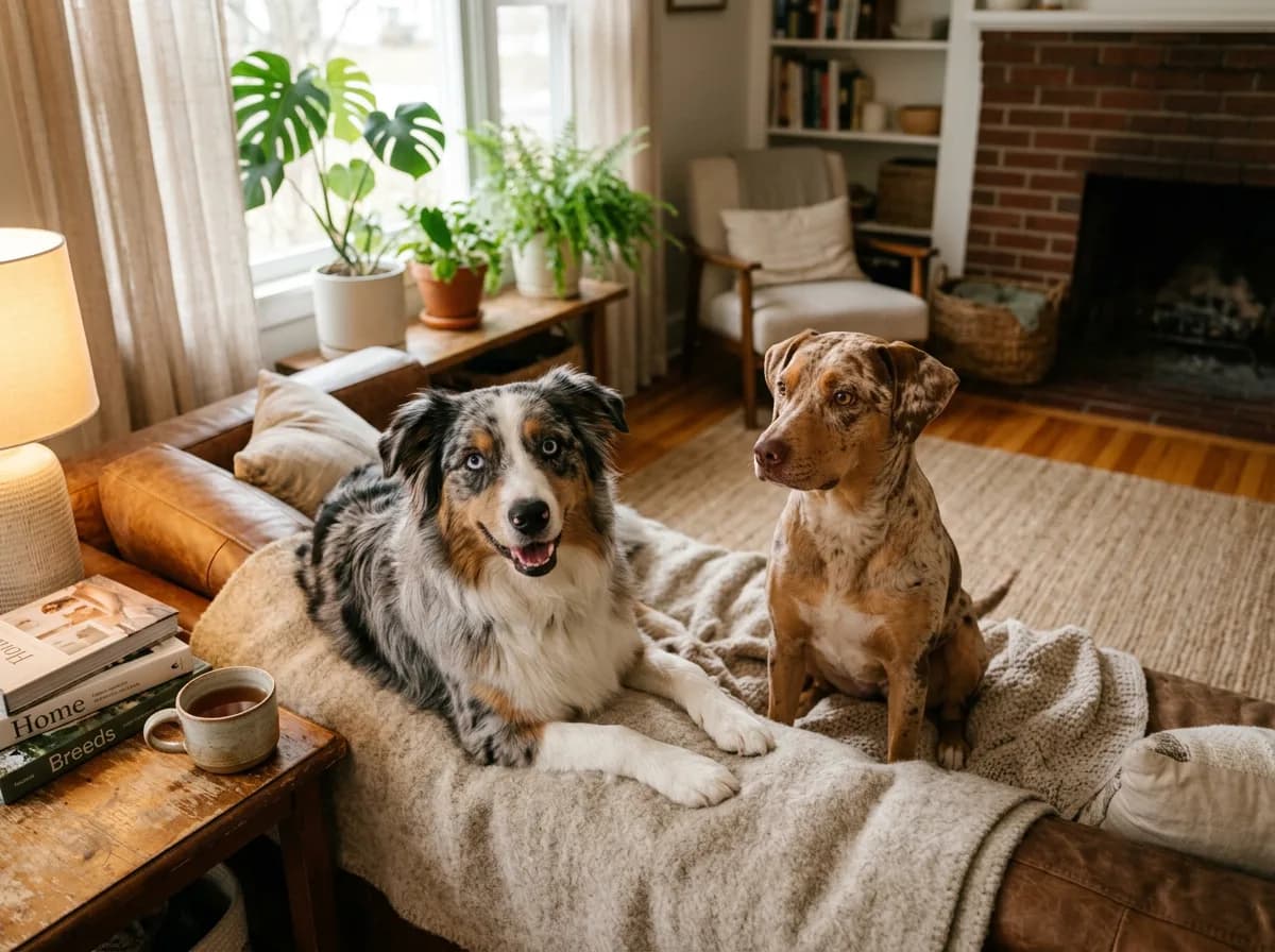 dogs with merle coat patterns (mottled patches, often blue eyes) illustrating How merle affects eyes, ears, and pigment