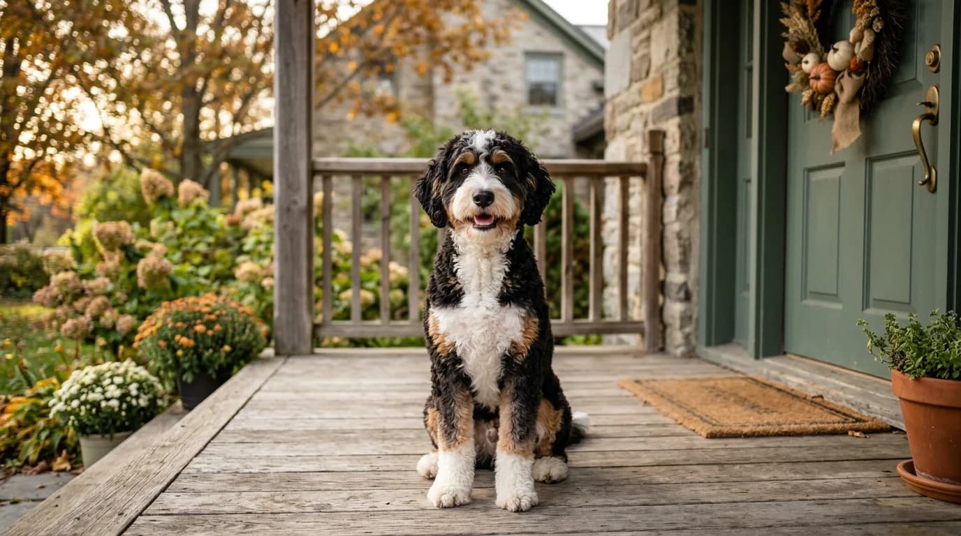 A tri-color (black, white, and rust) mini Bernedoodle sitting upright on a wooden front porch, facing the camera, soft morning light