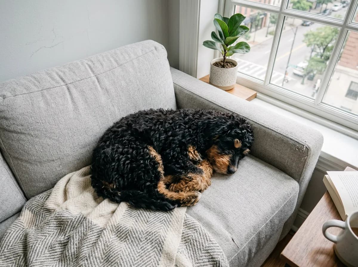 A phantom black-and-tan mini Bernedoodle curled up asleep on a light-gray apartment sofa beside a window, overhead angle