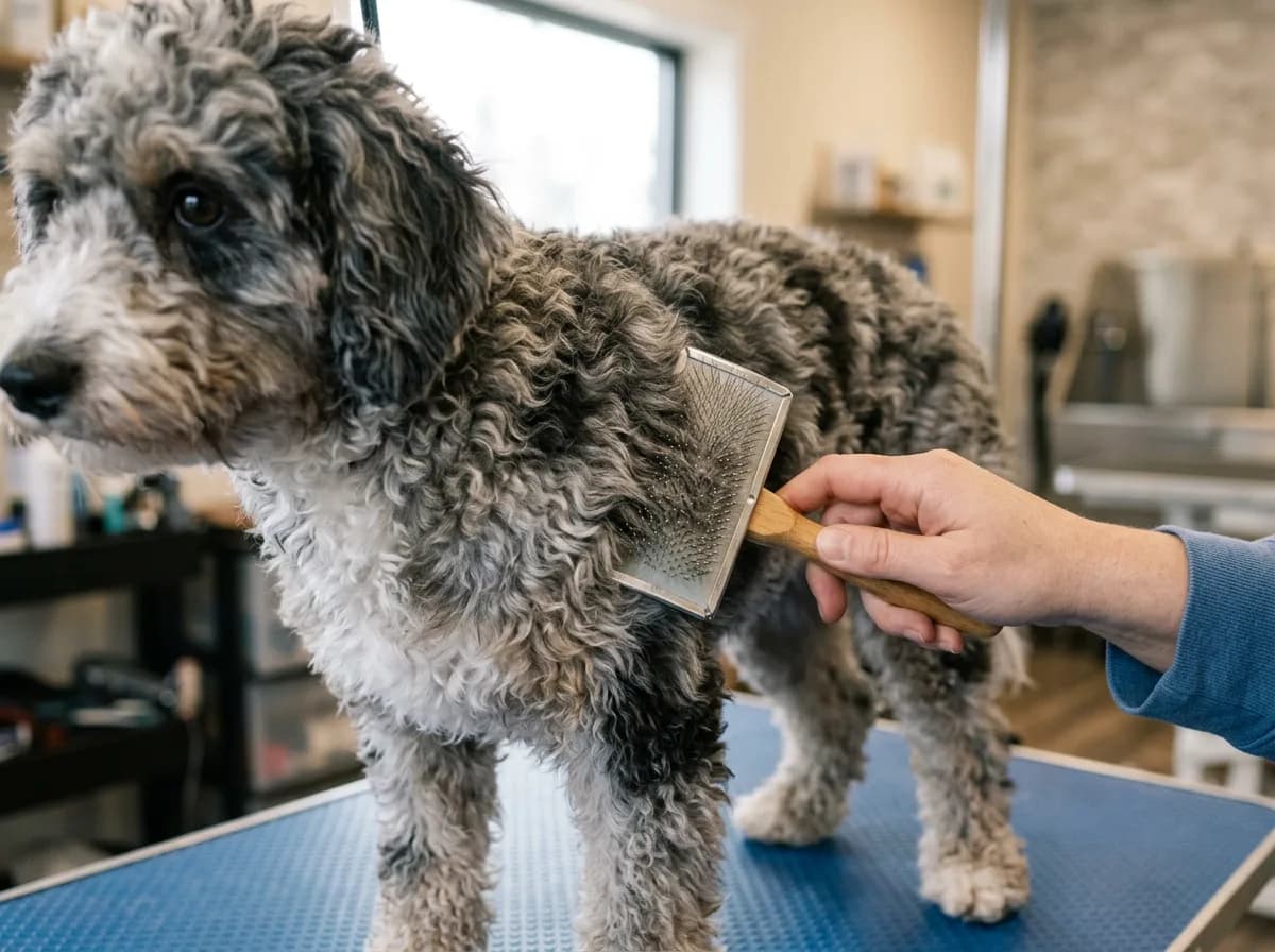 A merle gray-and-white mini Bernedoodle being brushed on a grooming table, close crop on the curly coat and slicker brush