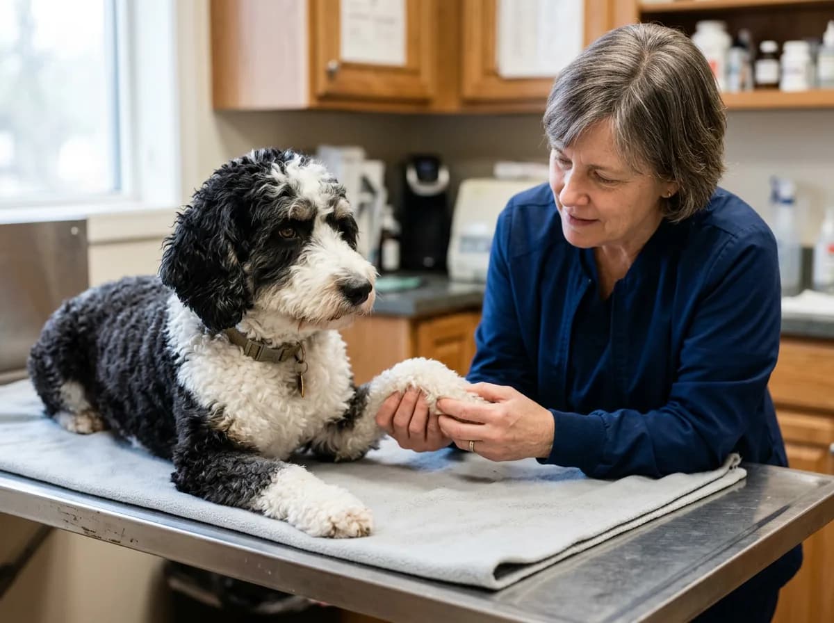 A black-and-white bi-color mini Bernedoodle lying calmly on a vet clinic exam table, being gently examined
