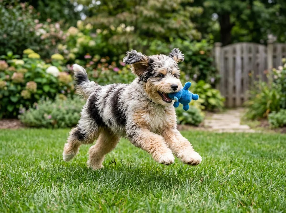 A cream-and-sable mini Bernedoodle puppy running across a green backyard with a toy in its mouth, motion in the frame