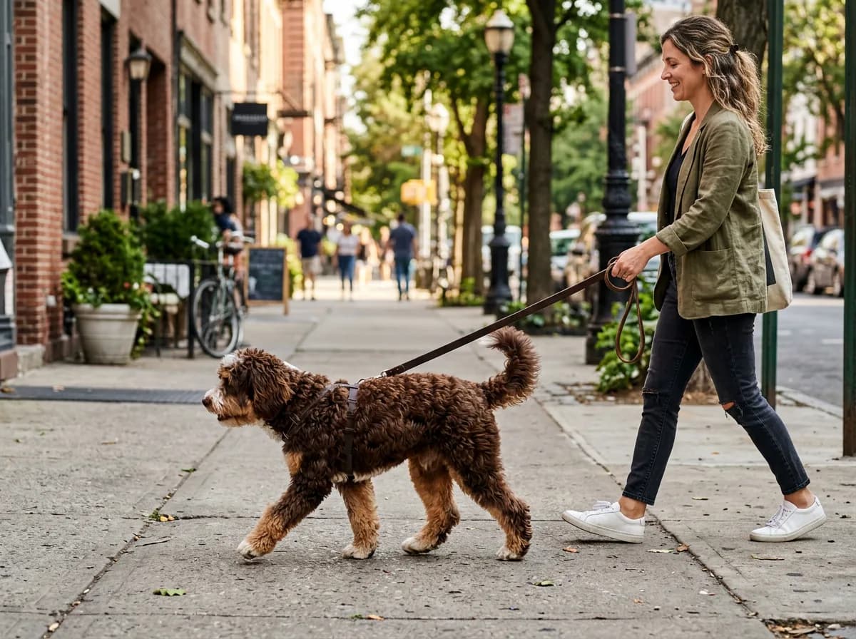A chocolate tri-color mini Bernedoodle walking on a leash along a sunny city sidewalk beside its owner, side profile