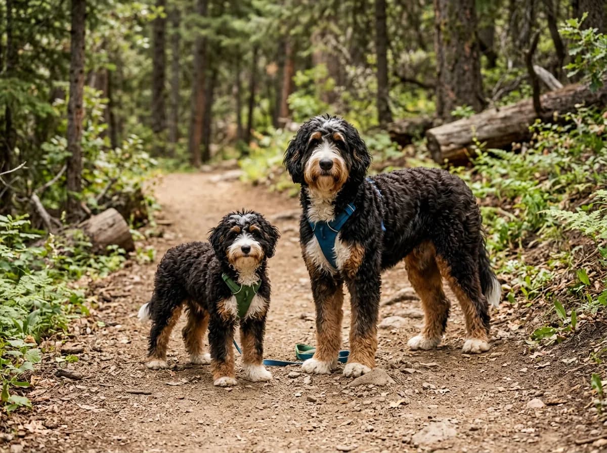 A mini Bernedoodle standing next to a larger standard Bernedoodle on a dirt hiking trail, showing the size difference between them