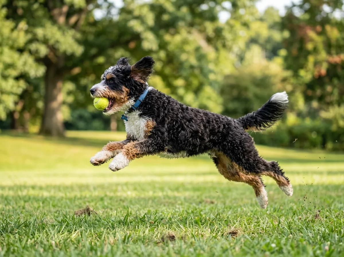 A mini Bernedoodle mid-jump catching a tennis ball at a grassy park, action shot from the side