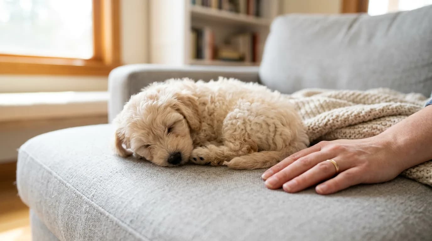 A small cream miniature Labradoodle puppy sleeping curled up on a gray couch beside a person's hand