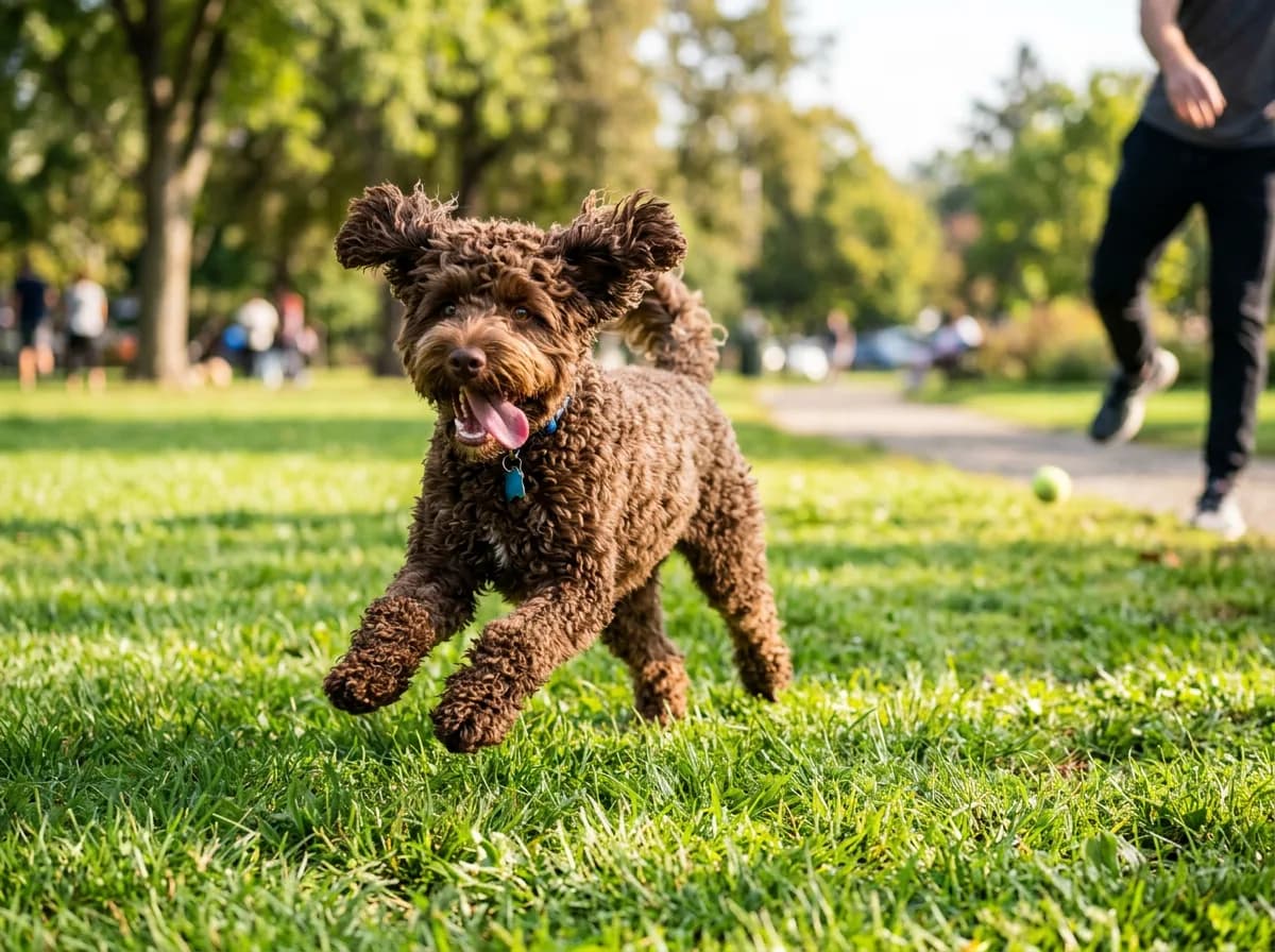 Chocolate-brown mini Labradoodle trotting across the grass at a sunny park with its owner and a tennis ball behind it, ears bouncing and tongue out, showing its friendly, playful temperament.
