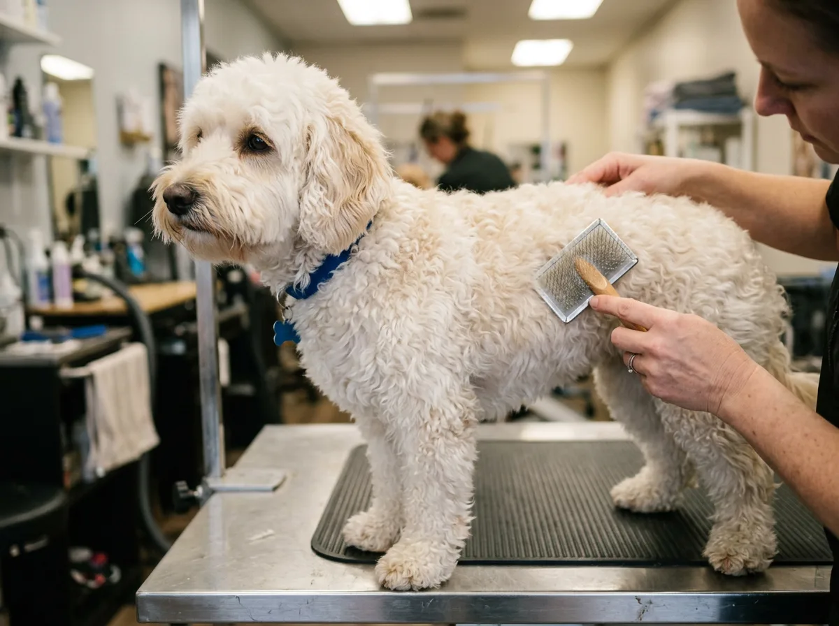 Cream-colored mini Labradoodle standing on a grooming table while a groomer brushes its curly low-shedding coat with a slicker brush.