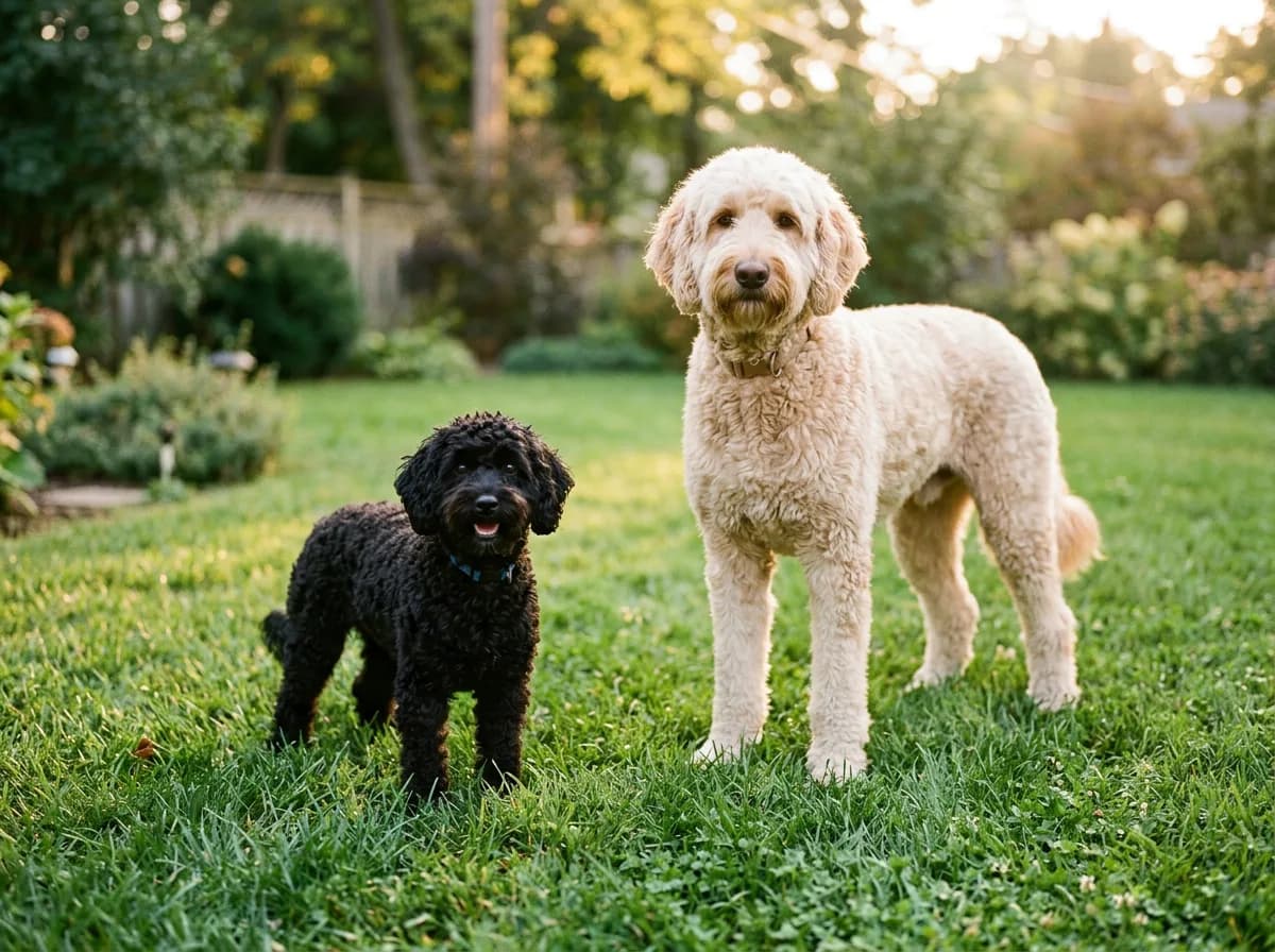 A small black mini Labradoodle standing next to a much larger cream standard Labradoodle on a backyard lawn at golden hour, showing the size difference between the two.