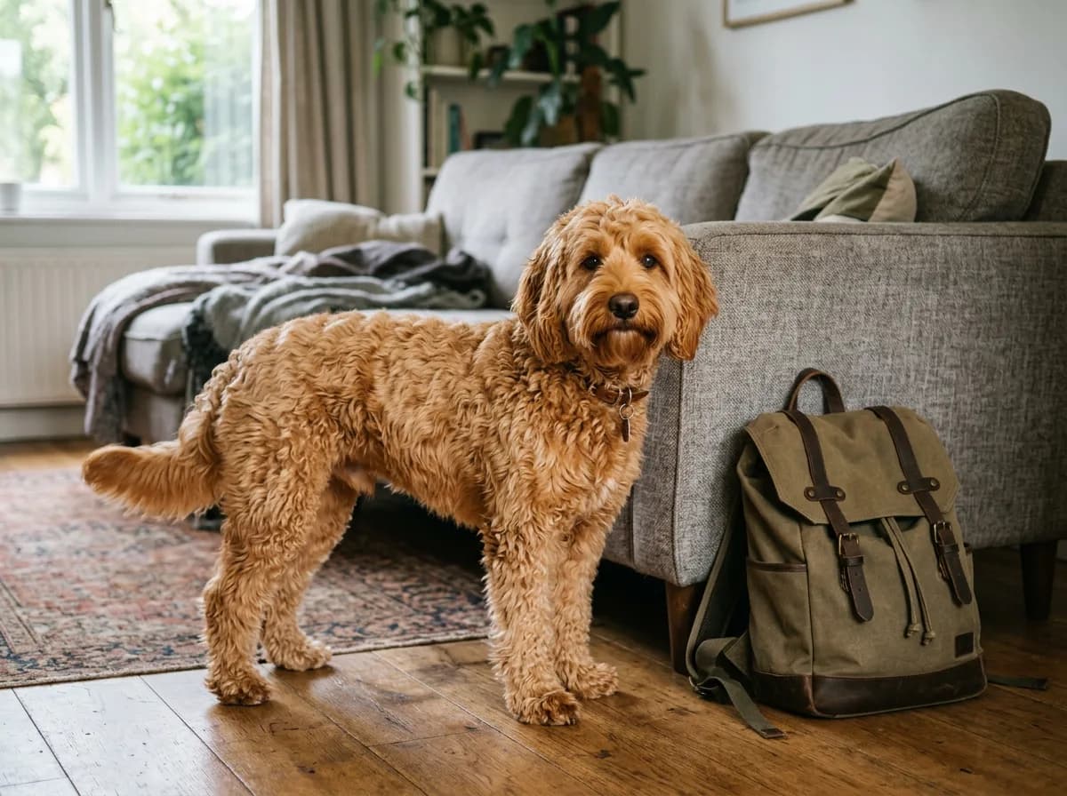 Full-grown apricot mini Labradoodle standing beside a three-seat sofa and a backpack on a living-room floor, showing its true small-to-medium adult size for scale.