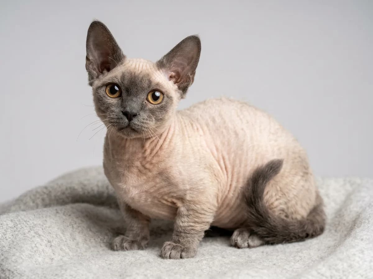 Minskin cat sitting upright showing its very short legs, near-hairless wrinkled body and soft fur-points on the face, ears and legs
