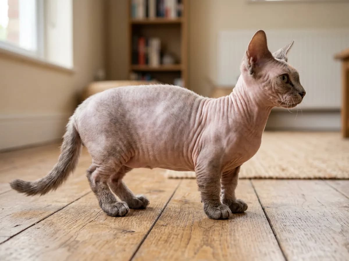 Side profile of a Minskin cat showing its short Munchkin legs, long low body and near-hairless wrinkled skin